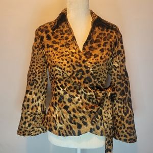 Alberto Makali Women's Vintage Wrap Top Blouse Size 14 Animal Print Brown Black